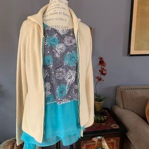 Anthropologie “sleeping on snow” ecru knit, hooded, zippered cardigan sweater.